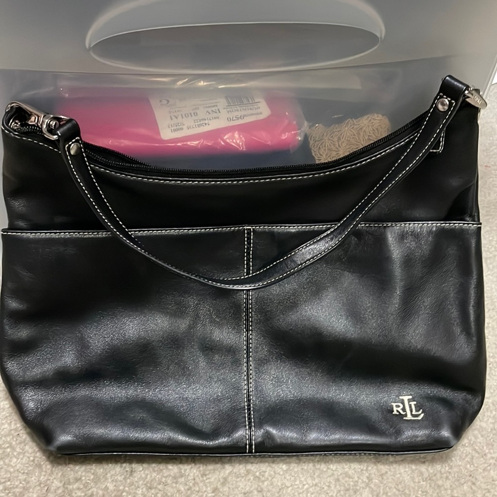 RLL versatile lightly used bag black leather with removable strap. Inside pocket